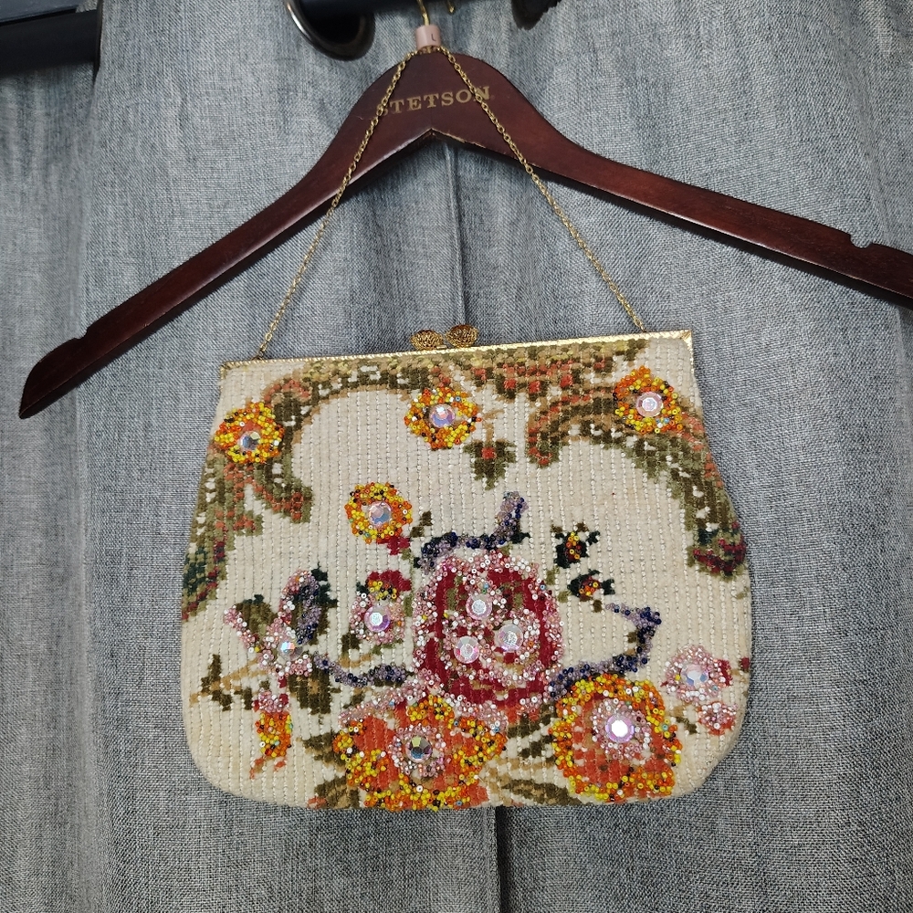 Vintage Delill Beaded Floral Evening Bag Kiss Lock Clutch Purse Gold Chain